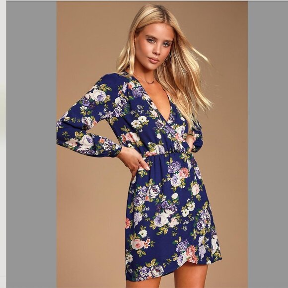Women's XS Lulus That's a Wrap Navy Blue Floral Print Dress Long Sleeve - Picture 2 of 12